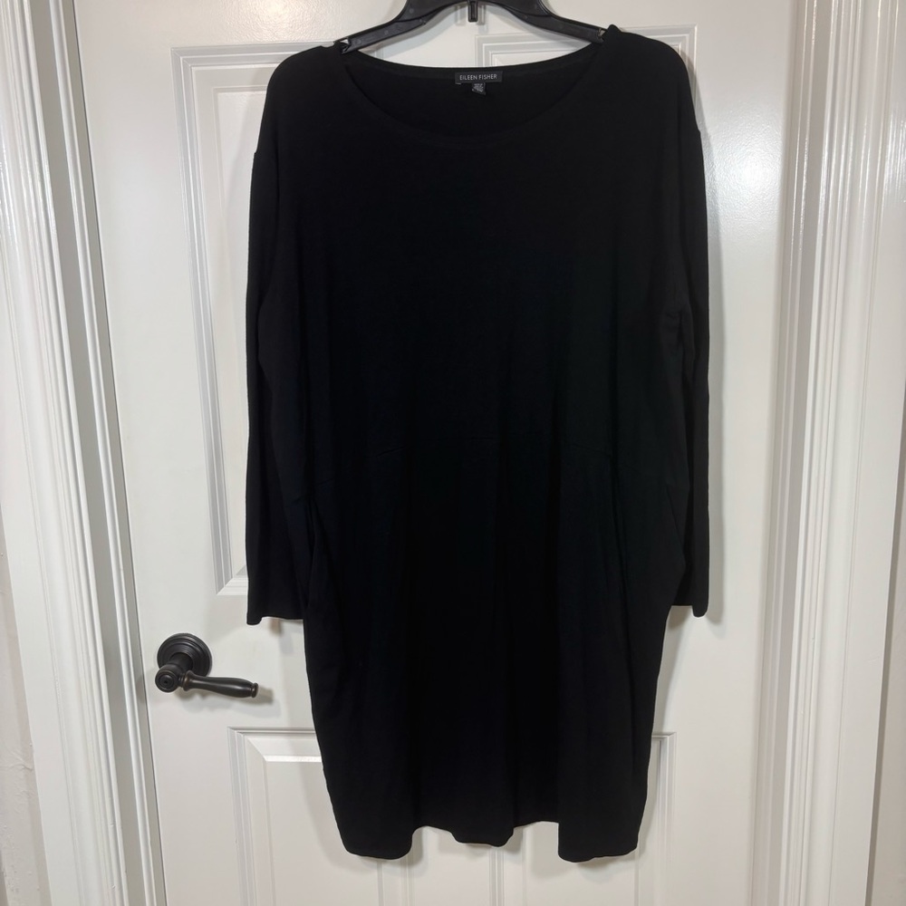 Eileen Fisher Black Long Sleeve Knit Knee Length Dress Women’s L Pockets